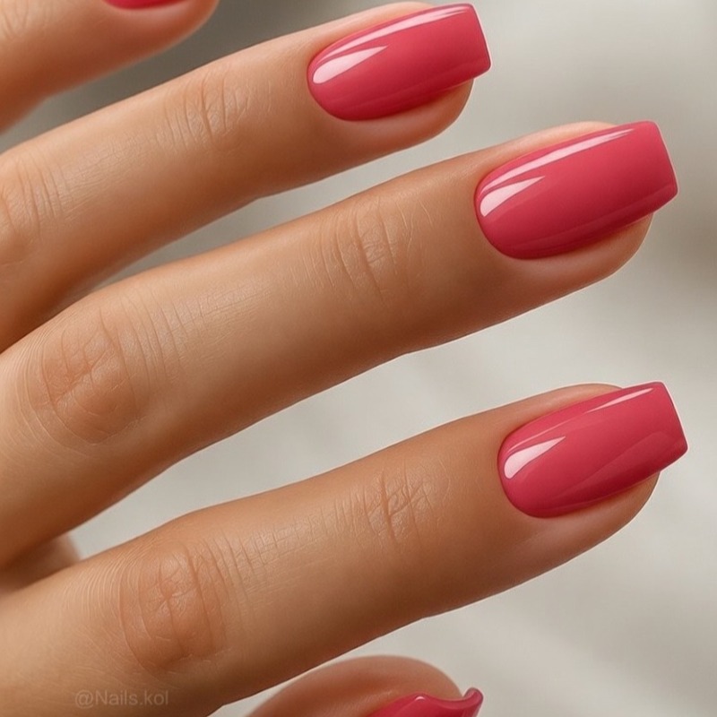 Рожевий Гель-лак: Блискучий Мінімалізм на Середніх Квадратних Нігтях