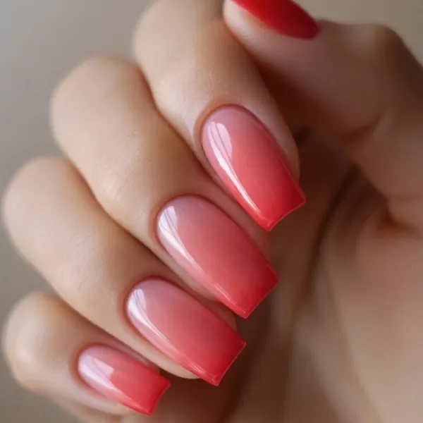 Довгі квадратні нігті: червоно-рожеве омбре з блиском гель-лаком
