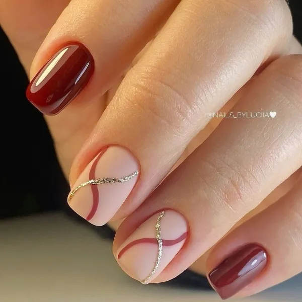 Бордовий Манікюр: Овальна Форма, Срібло, Геометрія та Блиск Гель-лаком