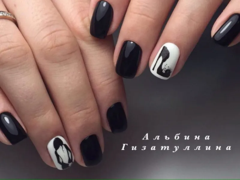 Чорно-білий абстрактний мінімалізм: овальні нігті з ручним розписом