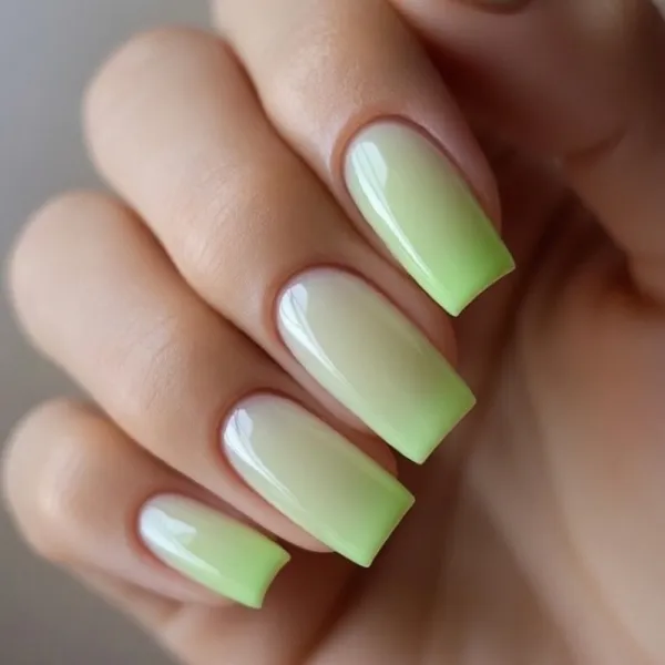 Зелено-бежевий манікюр омбре на довгі квадратні нігті: мінімалізм гель-лаком