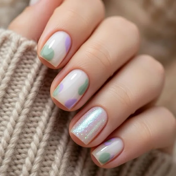 Овальний манікюр: білий та зелений мінімалізм з блискітками гель-лаком