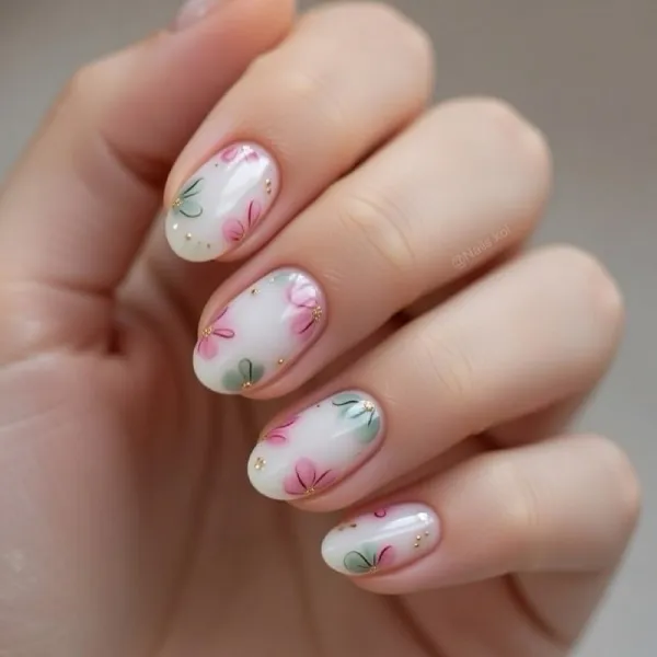 Квітковий Біло-Рожевий Манікюр Гель-лаком: Овальна Форма з Блиском
