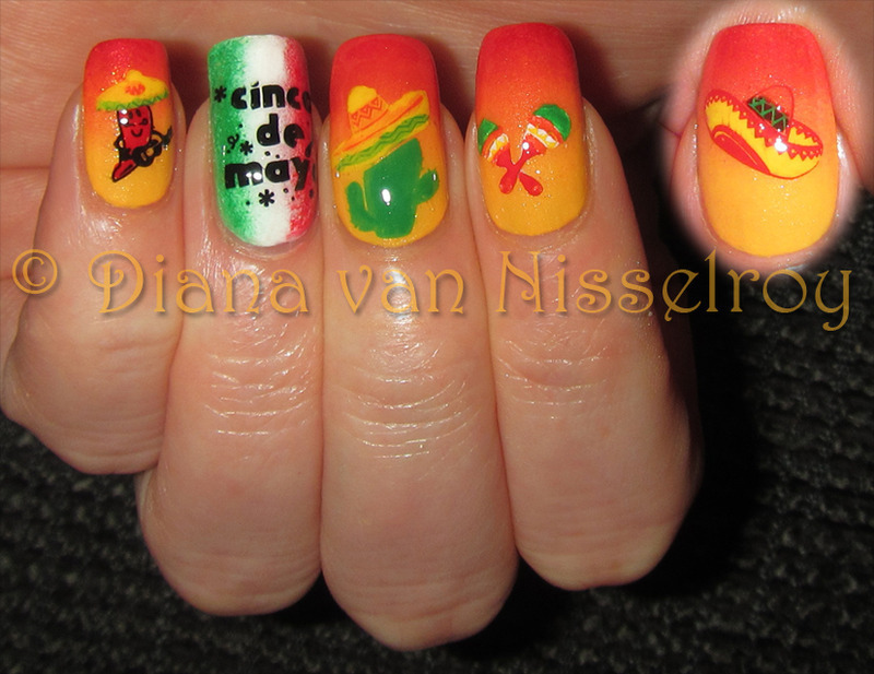 Помаранчево-жовтий манікюр з омбре та ручним розписом