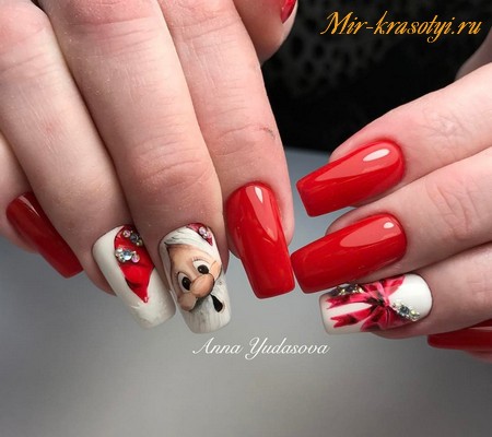 Довгі червоні нігті труна з 3D розписом та стразами