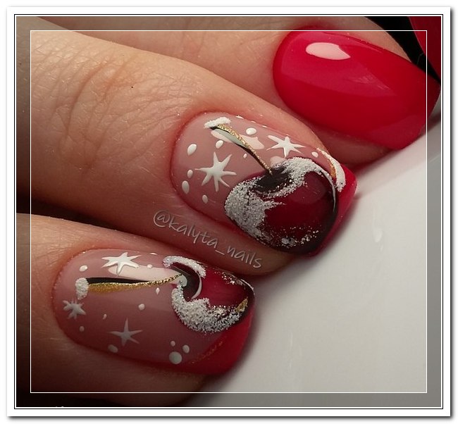 Об'ємний червоний манікюр з блискітками до зимових свят