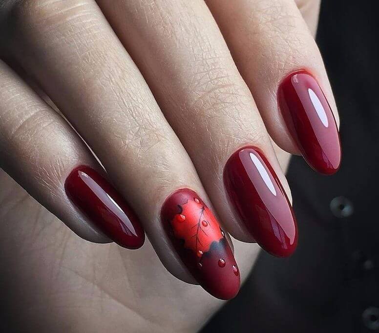 Довгі мигдалеподібні нігті: Бордо та чорний 3D квітковий розпис