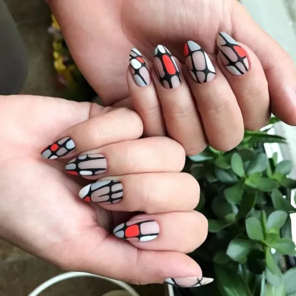 Матовий бежевий мигдаль: червона геометрія та абстракція з негативним простором