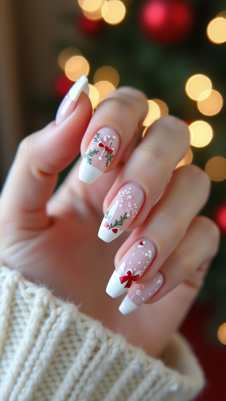 Білий френч з різдвяними гілочками на довгих овальних нігтях