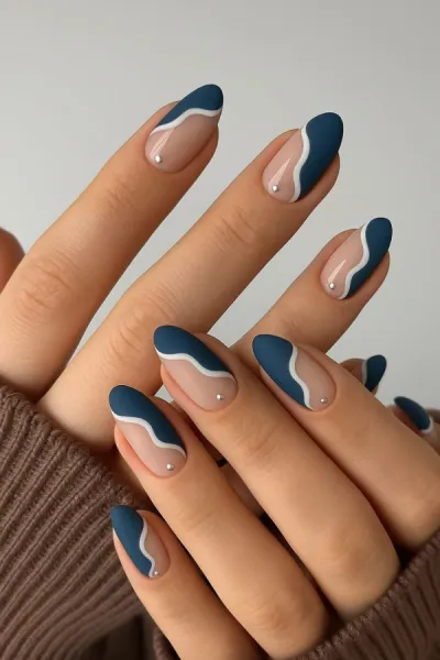 Синій з бежевим абстрактним розписом