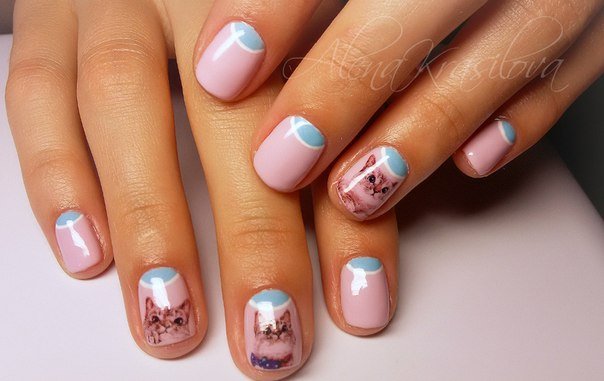 Рожевий френч на коротких нігтях з синіми акцентами